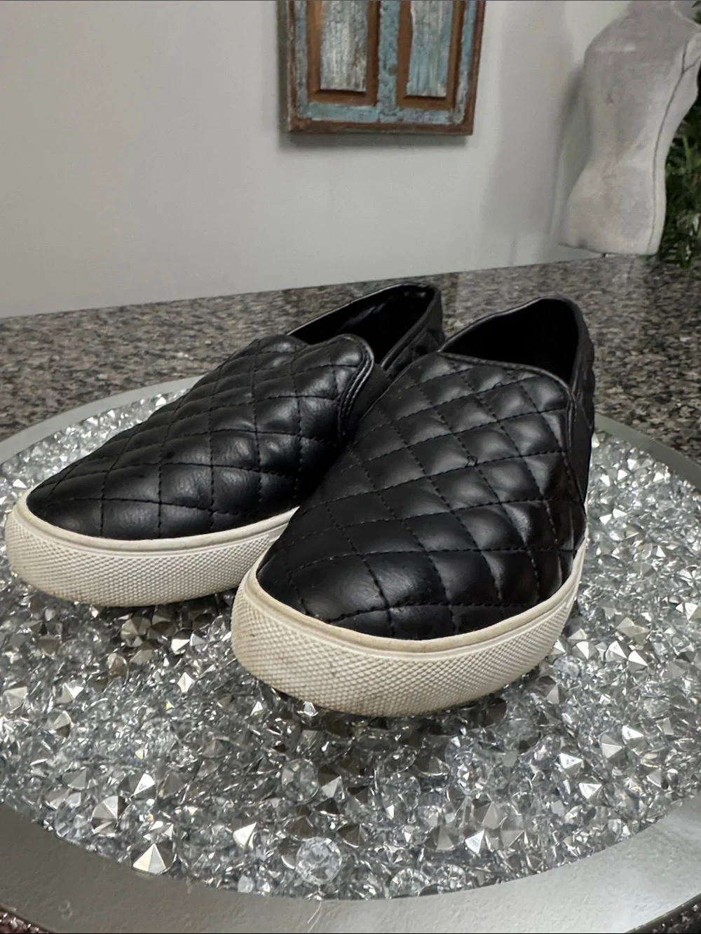Steve Madden Black Quilted Slip-On Sneakers with White Sole 8.5